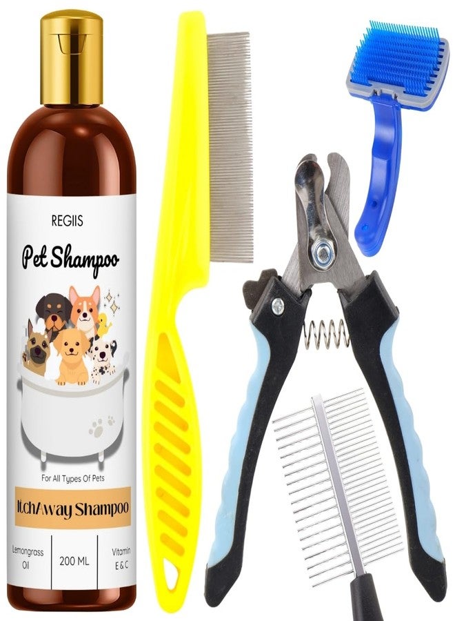 Regiis Pet Grooming Kit with Itch Away Shampoo, Nail Clippers, Combs, Self-Cleaning Brush, Professional Dog Care Set, 200ml(PACK OF 5) - Image 1